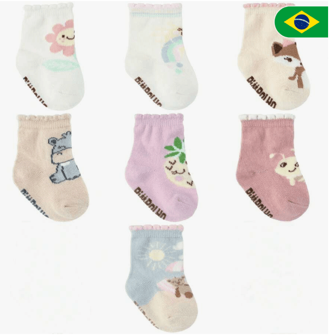 Kit 7 pares meia semaninha bebê menina Pimpolho Tamanho 00-15 cano alto